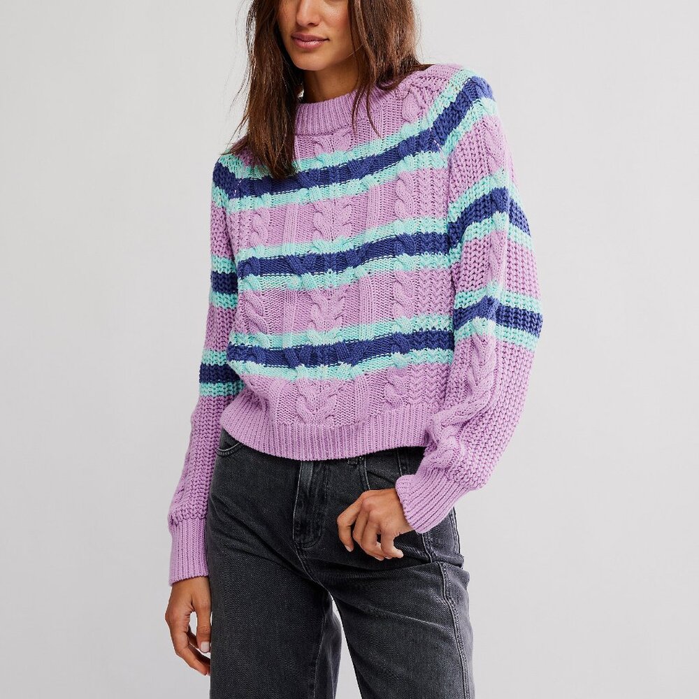 Free People Lavender Cable Knit Crewneck Sweater with Aqua & Navy Stripes